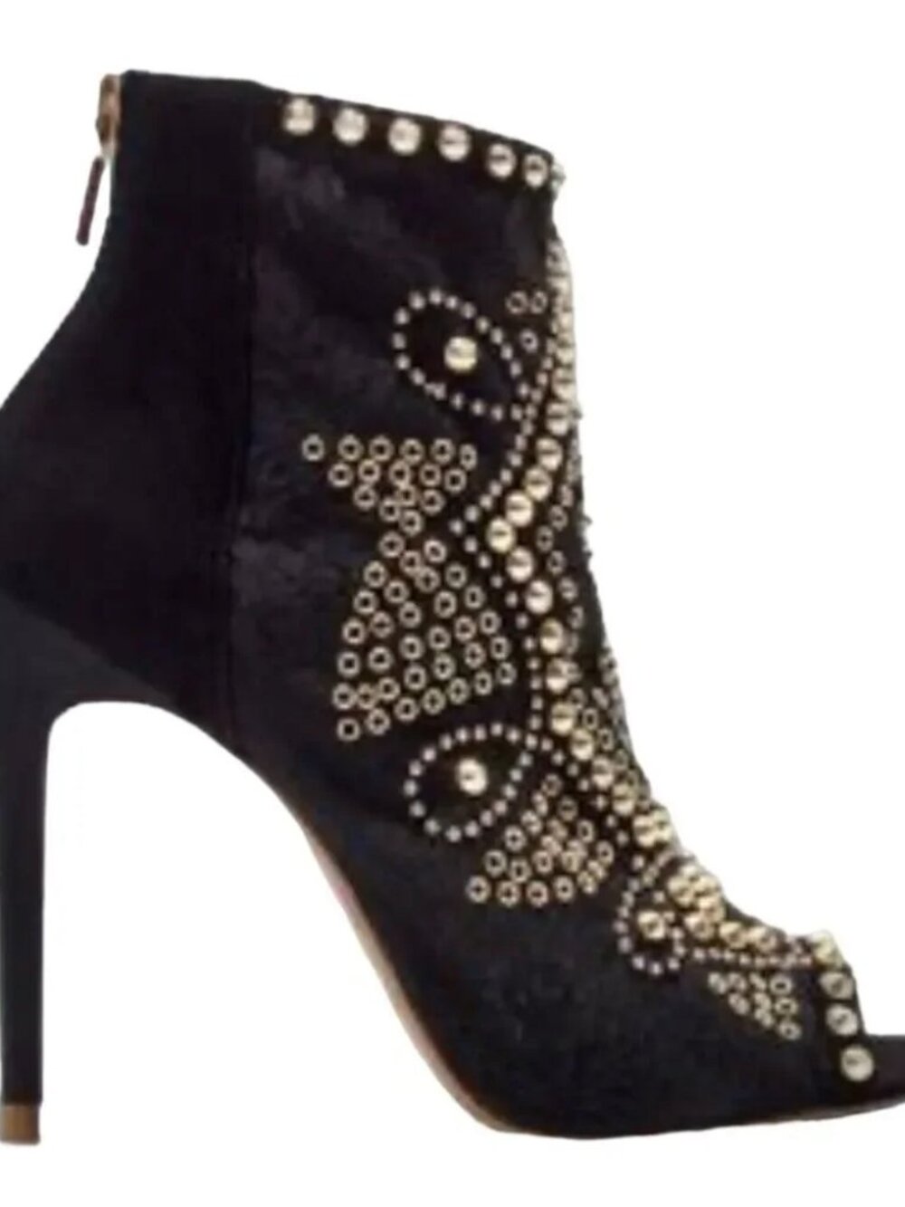 Zara Woman Black Suede Leather Gold Stud Peep Toe Stiletto Ankle Boots EU 39